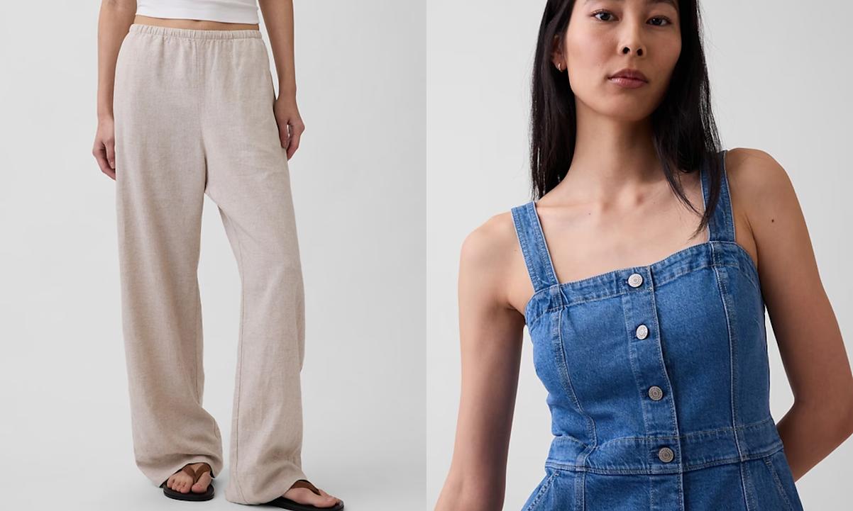 linen pants, denim dress