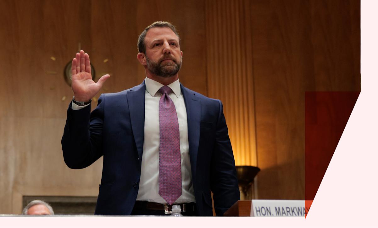 U.S. Sen. Markwayne Mullin (R-OK) is sworn in as he testifies during a confirmation hearing to be the next Secretary of the Department of Homeland Security 