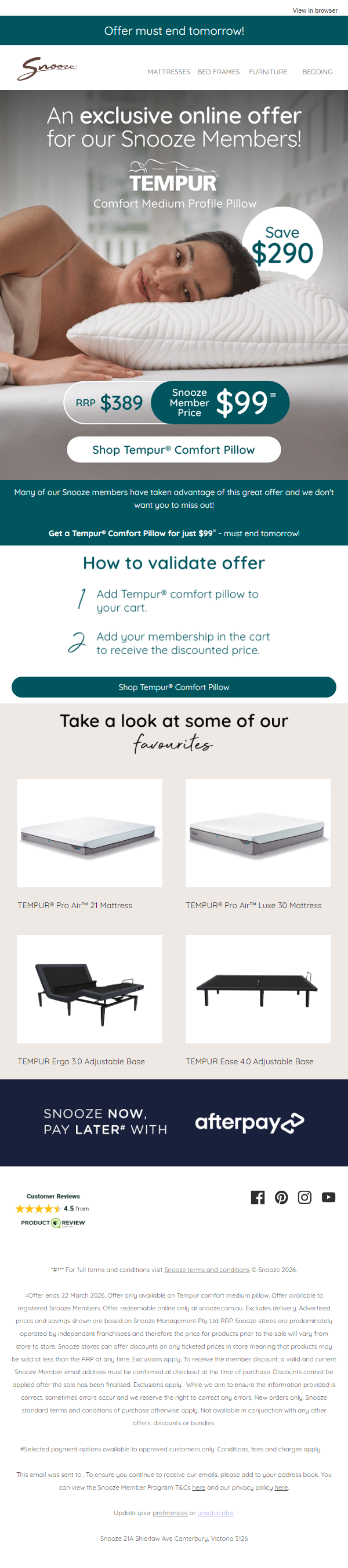 Newsletter preview: Last chance! Get a Tempur® comfort pillow for just $99...