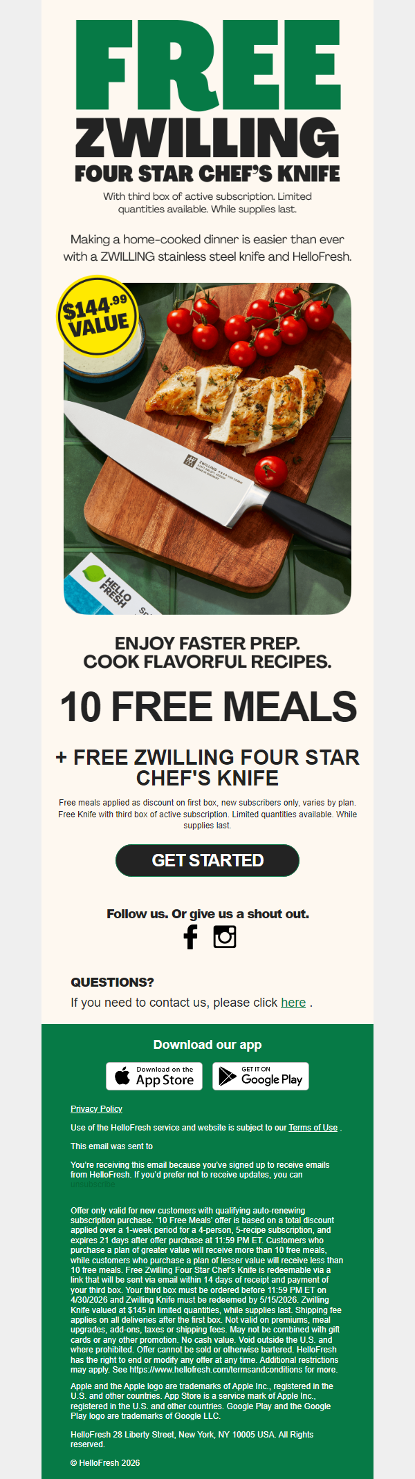 Newsletter preview: Limited Time Only: Free ZWILLING Four Star Chef’s Knife