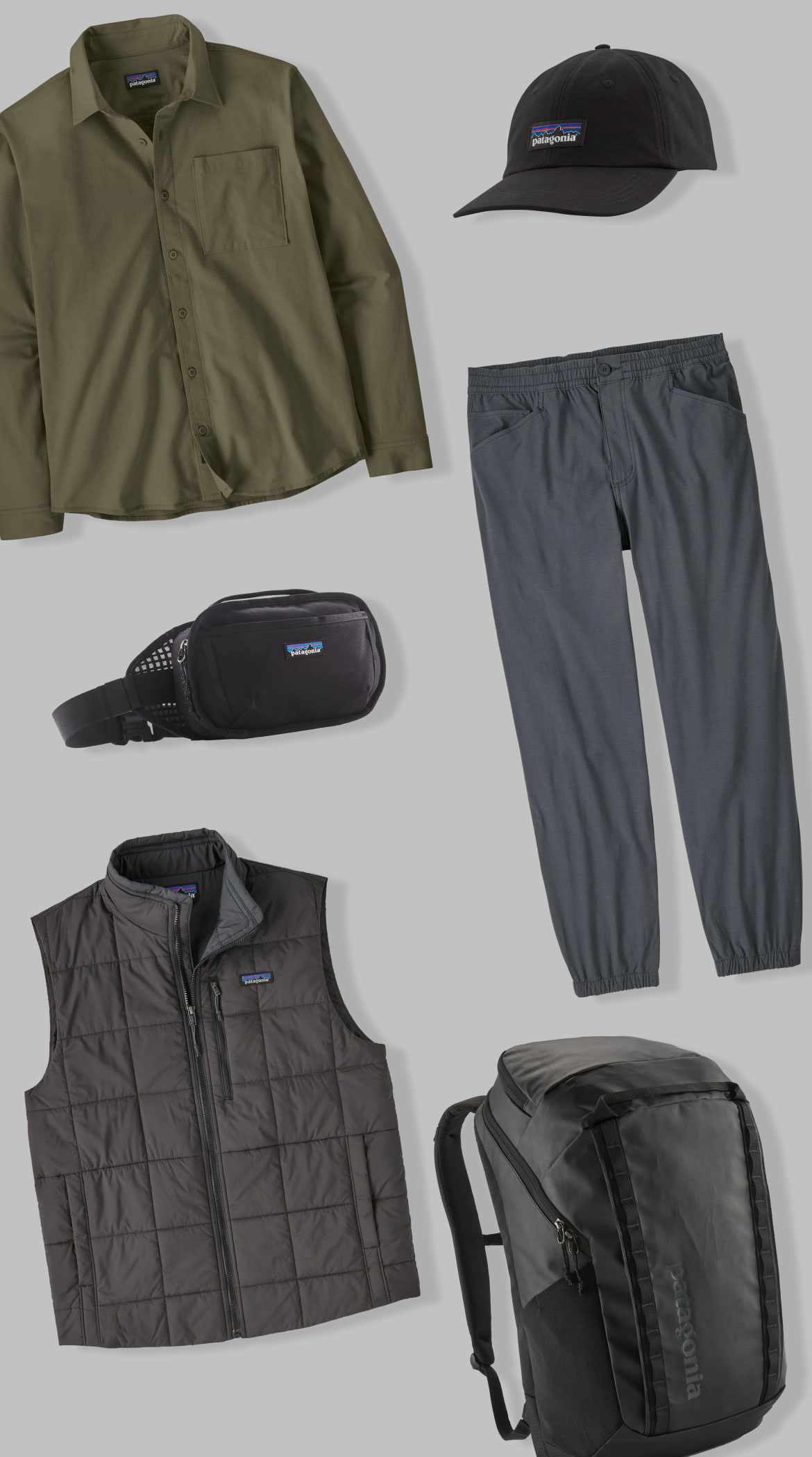 A collection of men’s travel clothing and gear. 