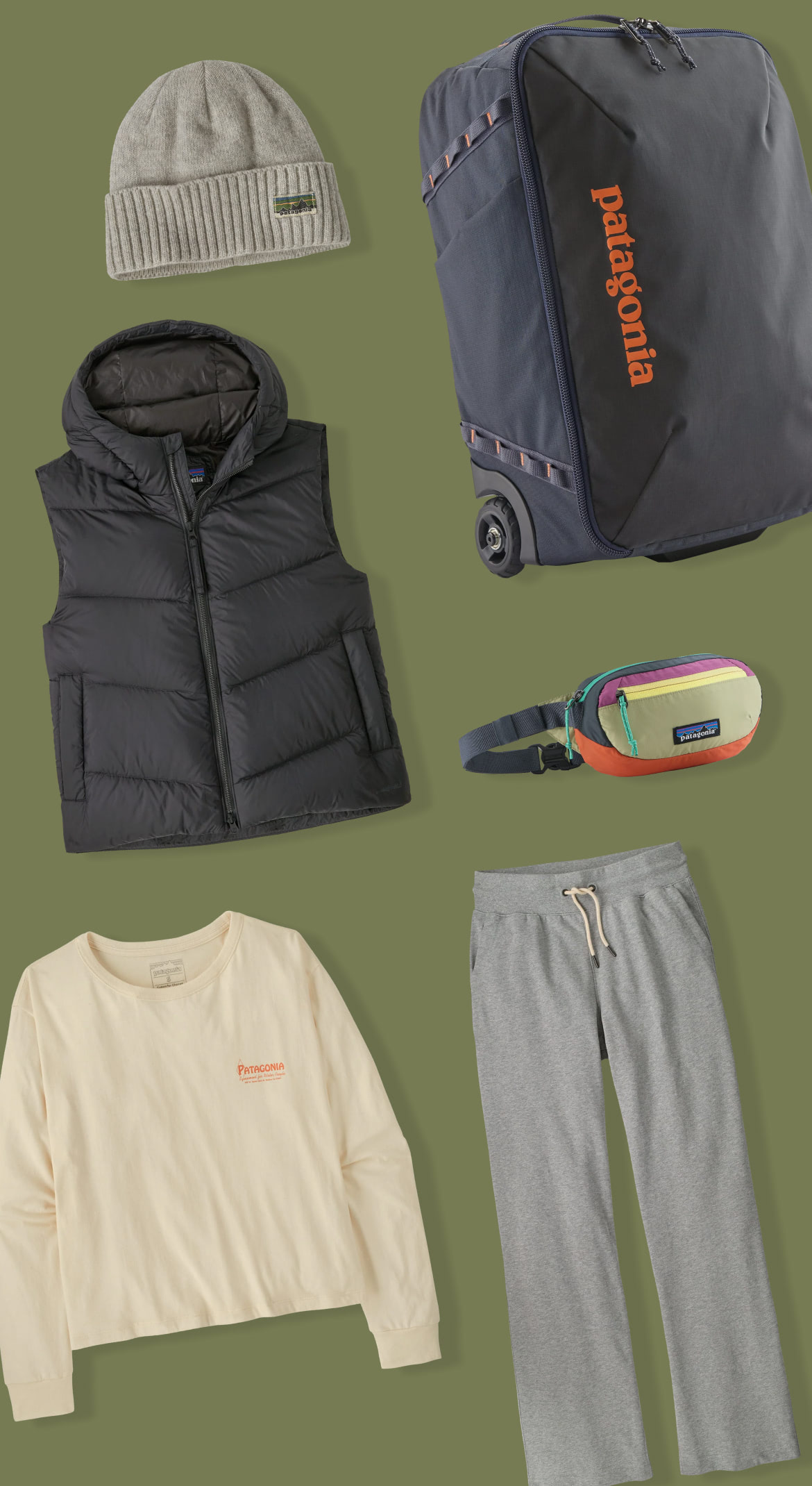 A collection of women’s travel clothing and gear.