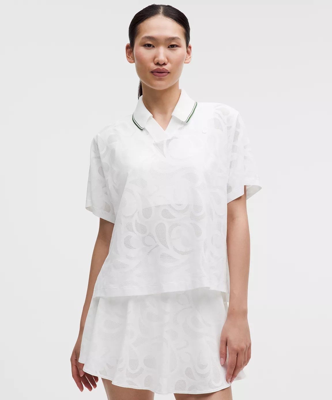 Paisley-Mesh High-Neck Tennis Polo Shirt