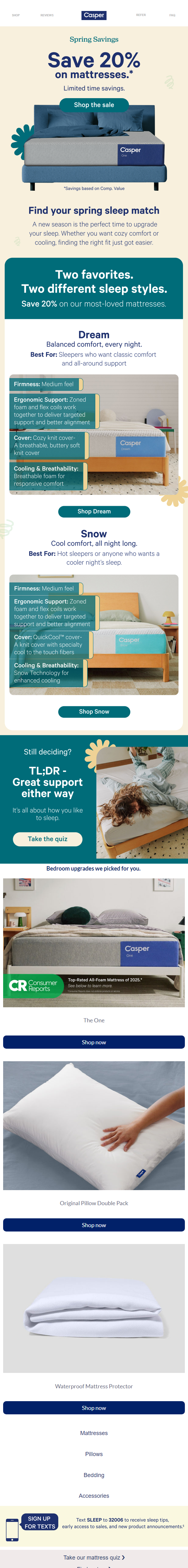 Newsletter preview: Save 20% on the Dream and Snow mattresses.