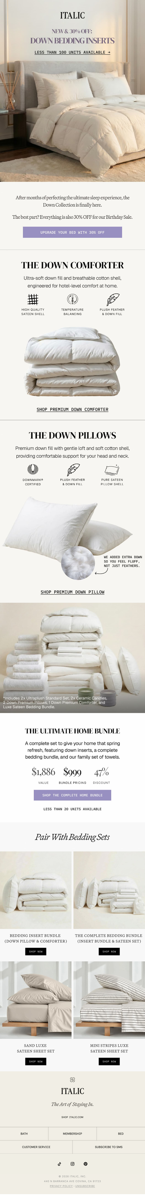 Newsletter preview: NEW: Down Comforter + Pillows (Plus, 30% off)