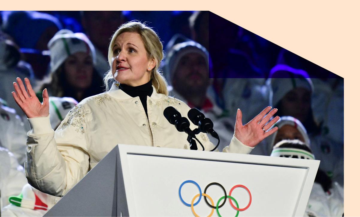 President of the International Olympic Committee (IOC) Kirsty Coventry delivers a speech at the closing ceremony o