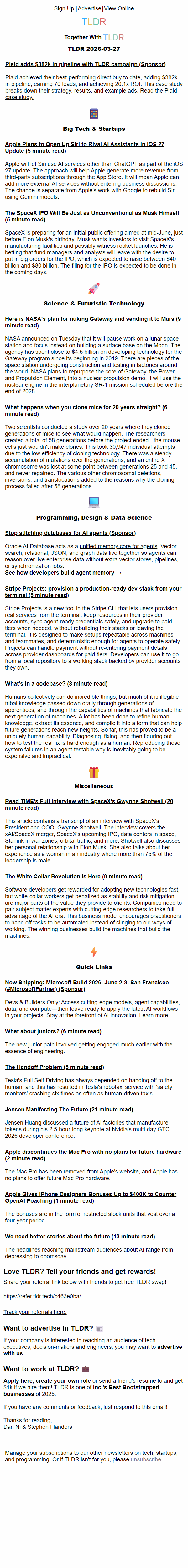 Newsletter preview: SpaceX IPO playbook 🚀, Apple allows AI assistants 🤖, Stripe Projects 🧑‍💻