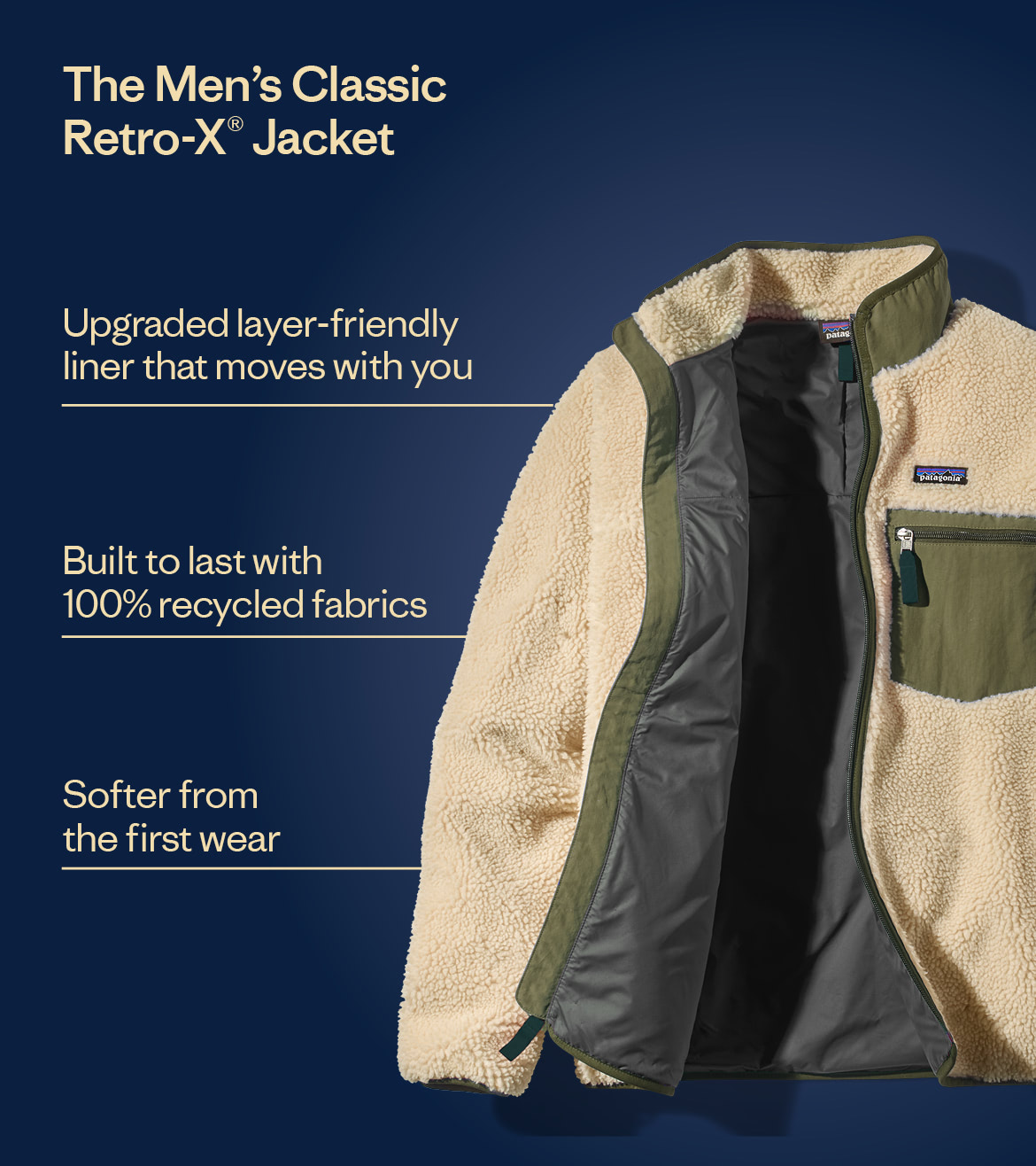 The Men’s Classic Retro-X® Jacket: Upgraded layer-friendly liner that moves with you, built to last with 100% recycled fabrics and softer from the first wear