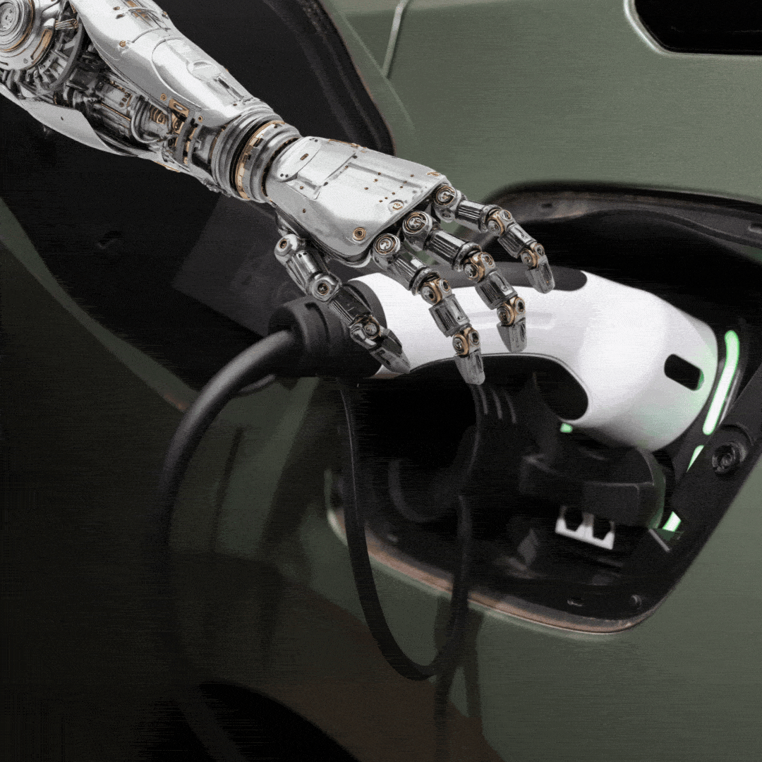 A robot hand charges an EV. 
