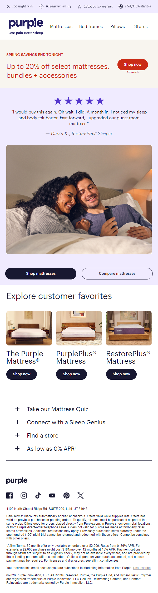 Newsletter preview: ENDS TONIGHT! Up to 20% off select mattresses + accessories