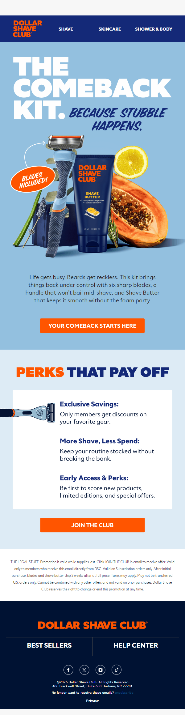 Newsletter preview: $5 Shave. Free Shipping. Member Perks.