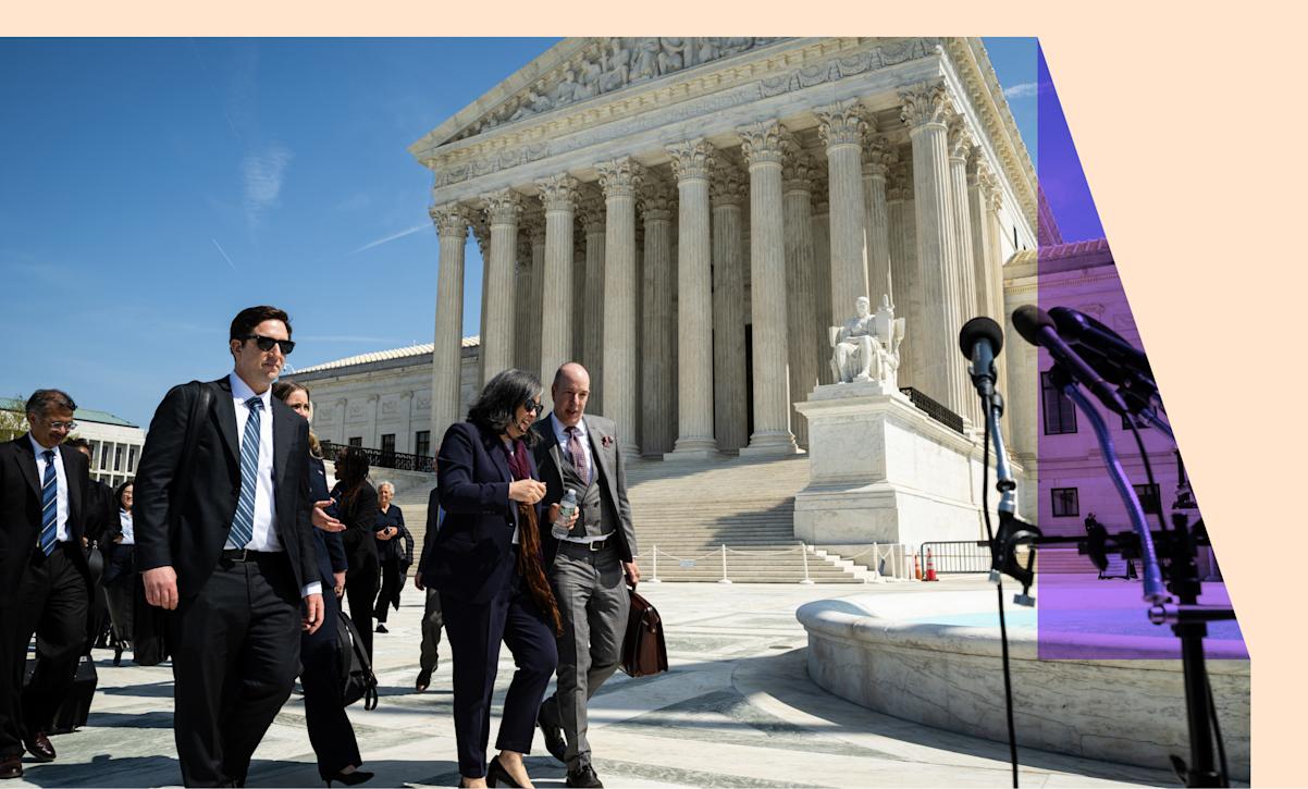 Cecillia Wang, national legal director of the American Civil Liberties Union, center right, and Anthony Romer, executive director of the American Civil Liberties Union, right, exit the US Supreme Court after oral arguments in Washington, DC