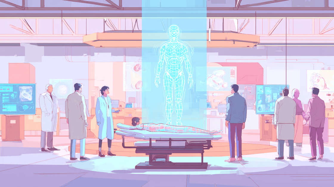 An illustration of several scientists in a lab standing around a bed. On it is a man whose image is being projected into a blue beam.