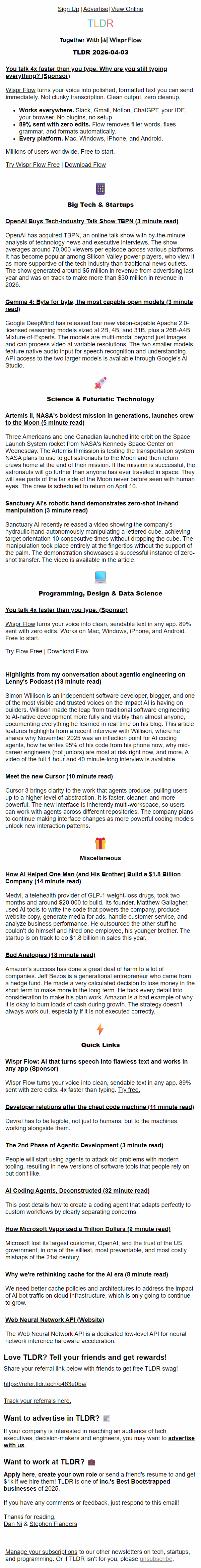 Newsletter preview: OpenAI buys TBPN 💰, 2 person unicorn 🦄, Cursor v3 🤖