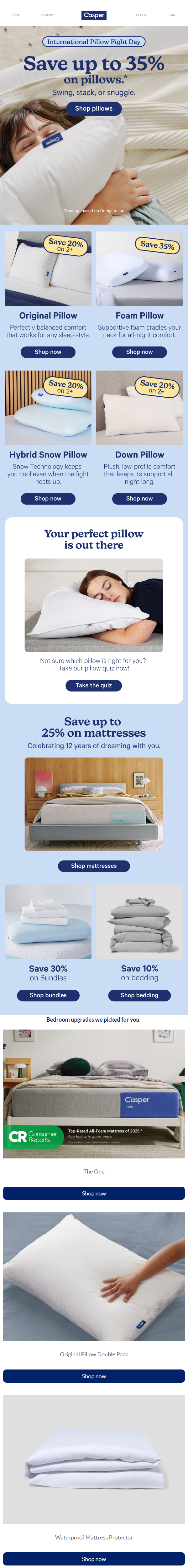 Newsletter preview: Save up to 35% on pillows this International Pillow Fight Day.