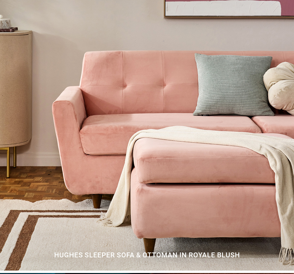 HUGHES SLEEPER SOFA & OTTOMAN IN ROYALE BLUSH