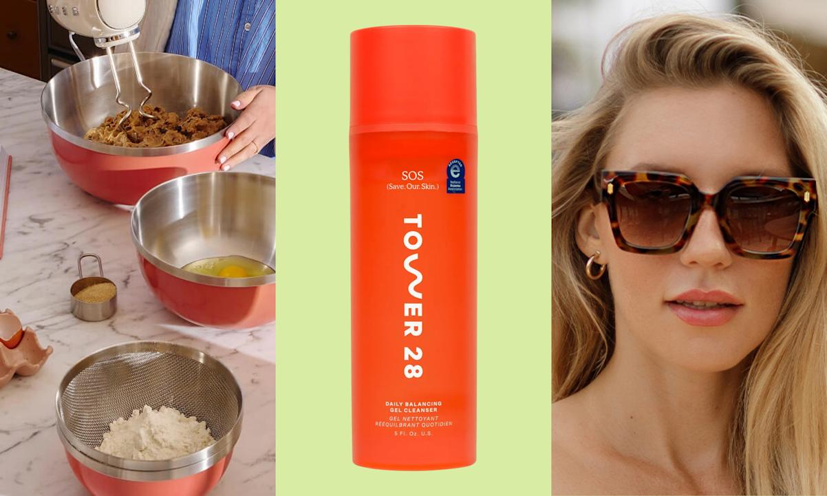 mixing bowls, cleanser, sunglasses
