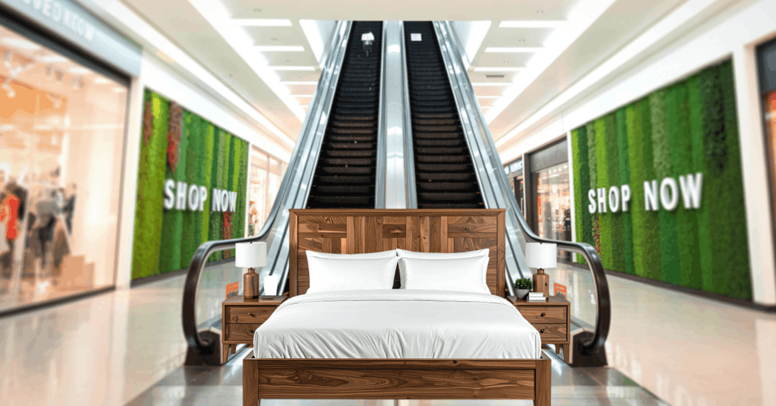 A bed sits at the foot of an escalator in a shopping mall.