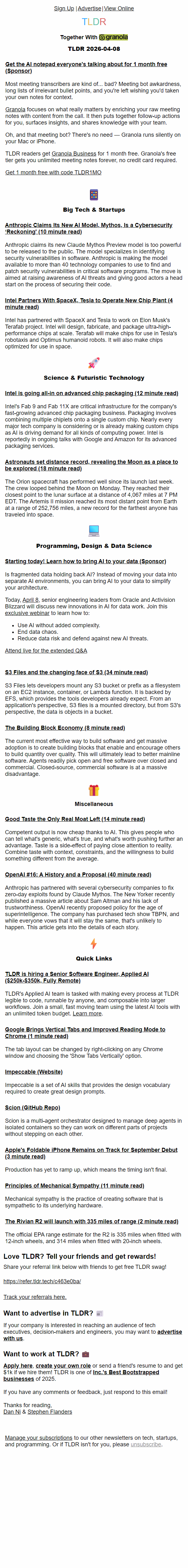 Newsletter preview: Anthropic's superhuman hacker 🤖, Intel + Elon Terafab ⚡, S3 Files 📁