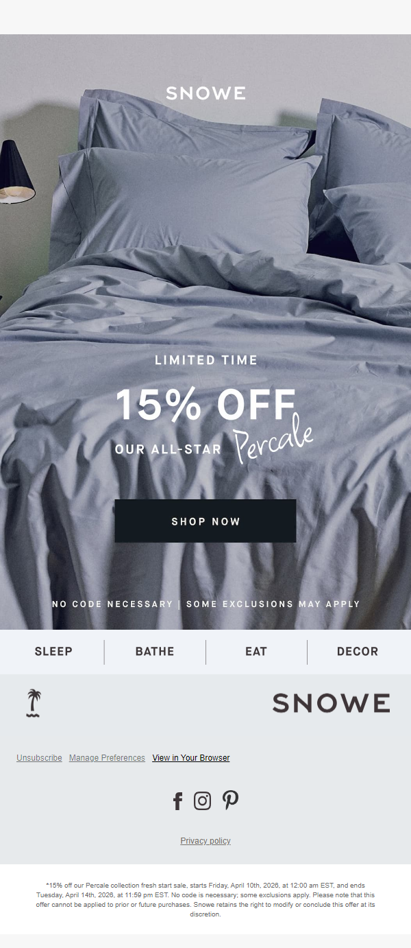 Newsletter preview: Rare limited time offer: 15% off our best-selling percale