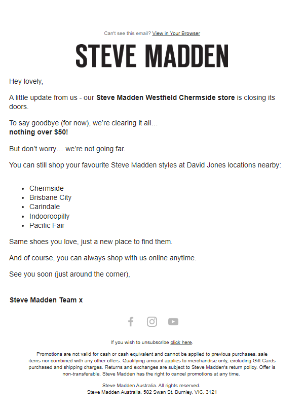 Newsletter preview: Chermside, we’re closing - nothing over $50