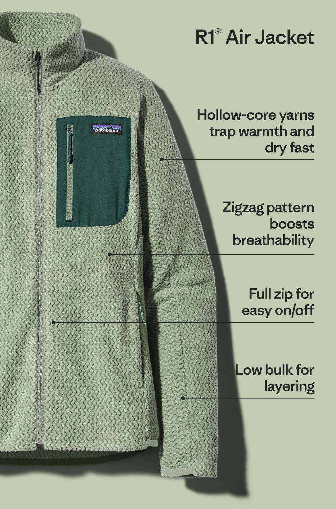 The R1 Air Jacket features hollow-core yarns that trap warmth and dry fast, zigzag patterned fleece that boosts breathability, a full-length zipper for easy on/off, and low bulk for layering under a shell.