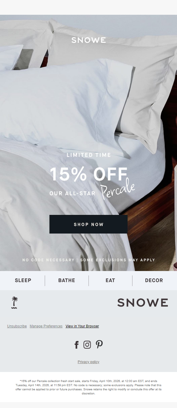 Newsletter preview: 15% off percale ends soon
