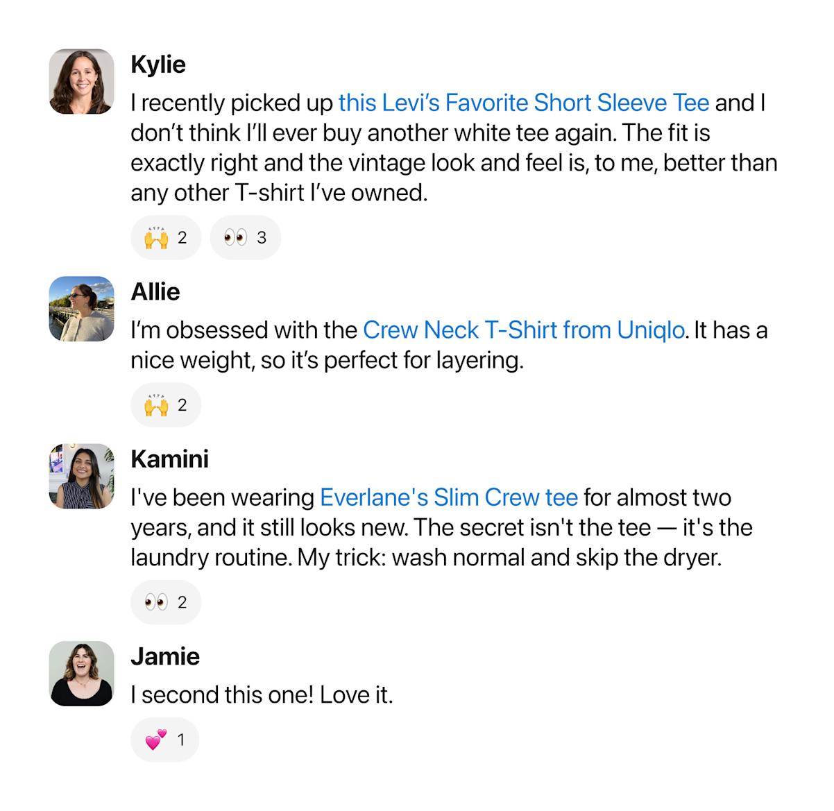 Slack conversation about white tees