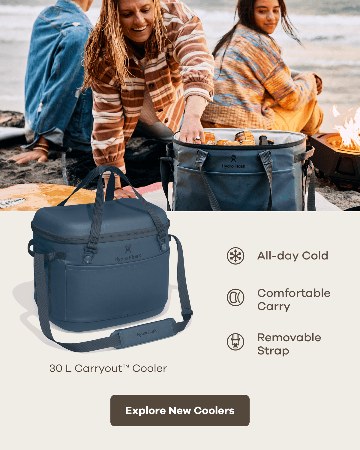 All-day cold. Comfortable Carry. Removable Strap | Explore New Coolers