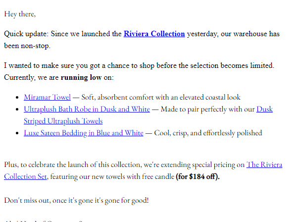 Newsletter preview: Inventory Update (The Riviera Collection)