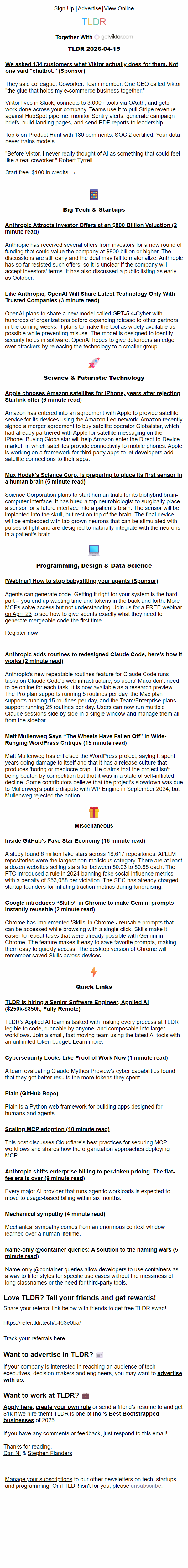 Newsletter preview: Amazon's satellite internet 🛰️, Anthropic's $800B offer 💰, Claude Code Routines 👨‍💻