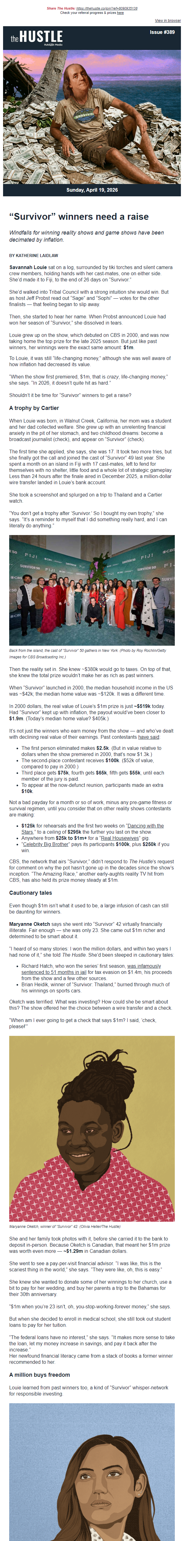 Newsletter preview: "Survivor" winners need a raise