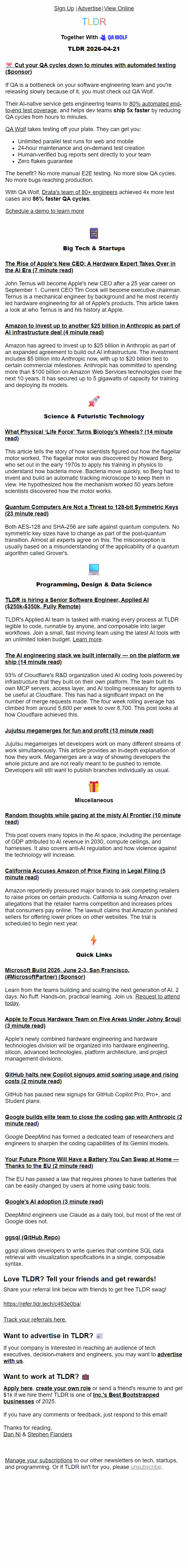 Newsletter preview: Apple's new CEO 📱, Anthropic AWS $25B deal 💰, megamerges 🧑‍💻