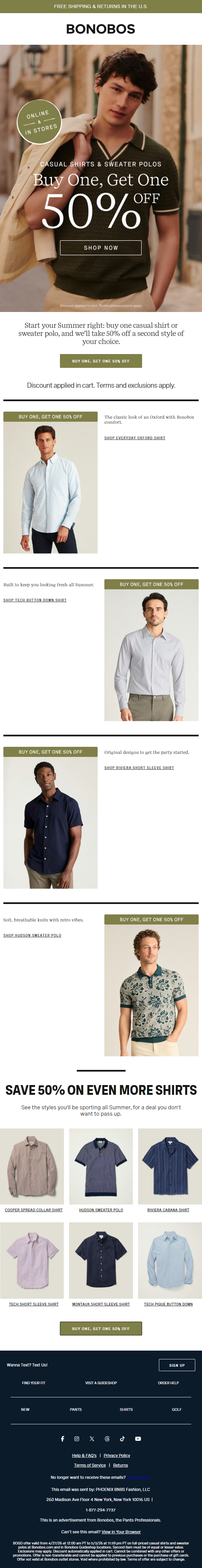 Newsletter preview: Launched: BOGO 50% Off Casual Shirts & Sweater Polos