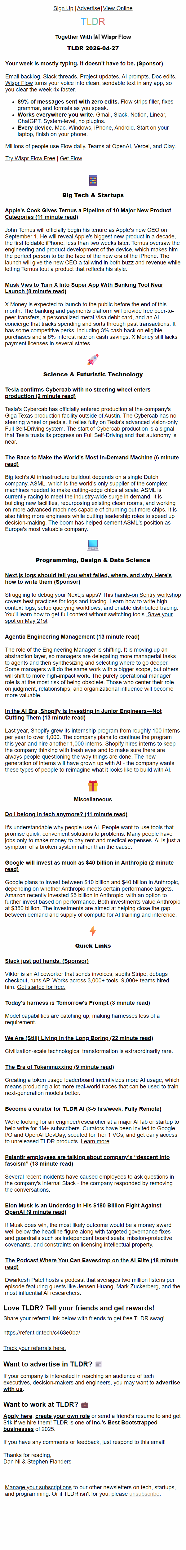 Newsletter preview: Apple's new products 📱, Tesla Cybercab production 🚕, agentic eng management 🧑‍💻  