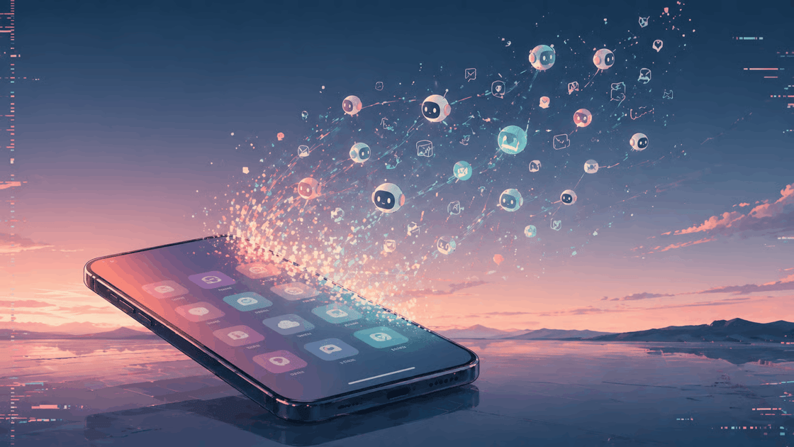 An illustration of a mobile phone with several small bots flowing into it.