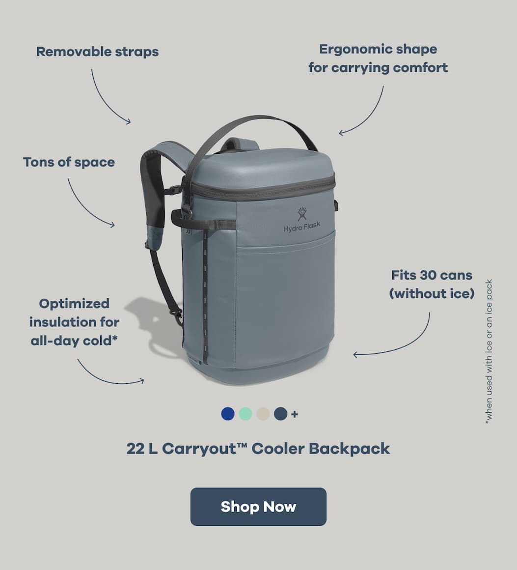 Removable straps. Ergonomic shape for carrying comfort. Tons of space. Zipper pocket. Optimized insulation for all-day cold*. Fits 24 cans (without ice). 22 L Carryout™ Cooler Backpack | Shop Now