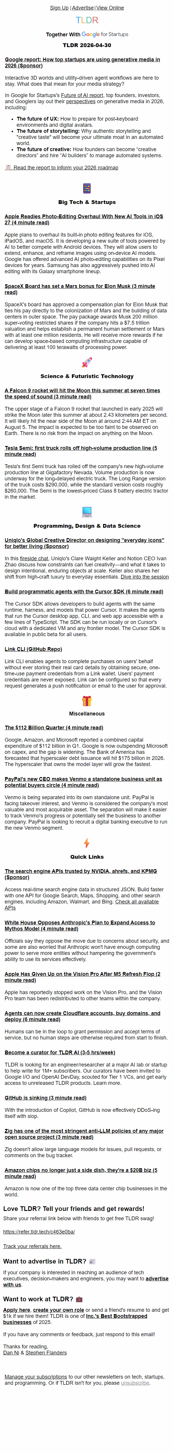 Newsletter preview: Apple AI photos 📱, Elon's Mars bonus 💰, Cursor SDK 🧑‍💻