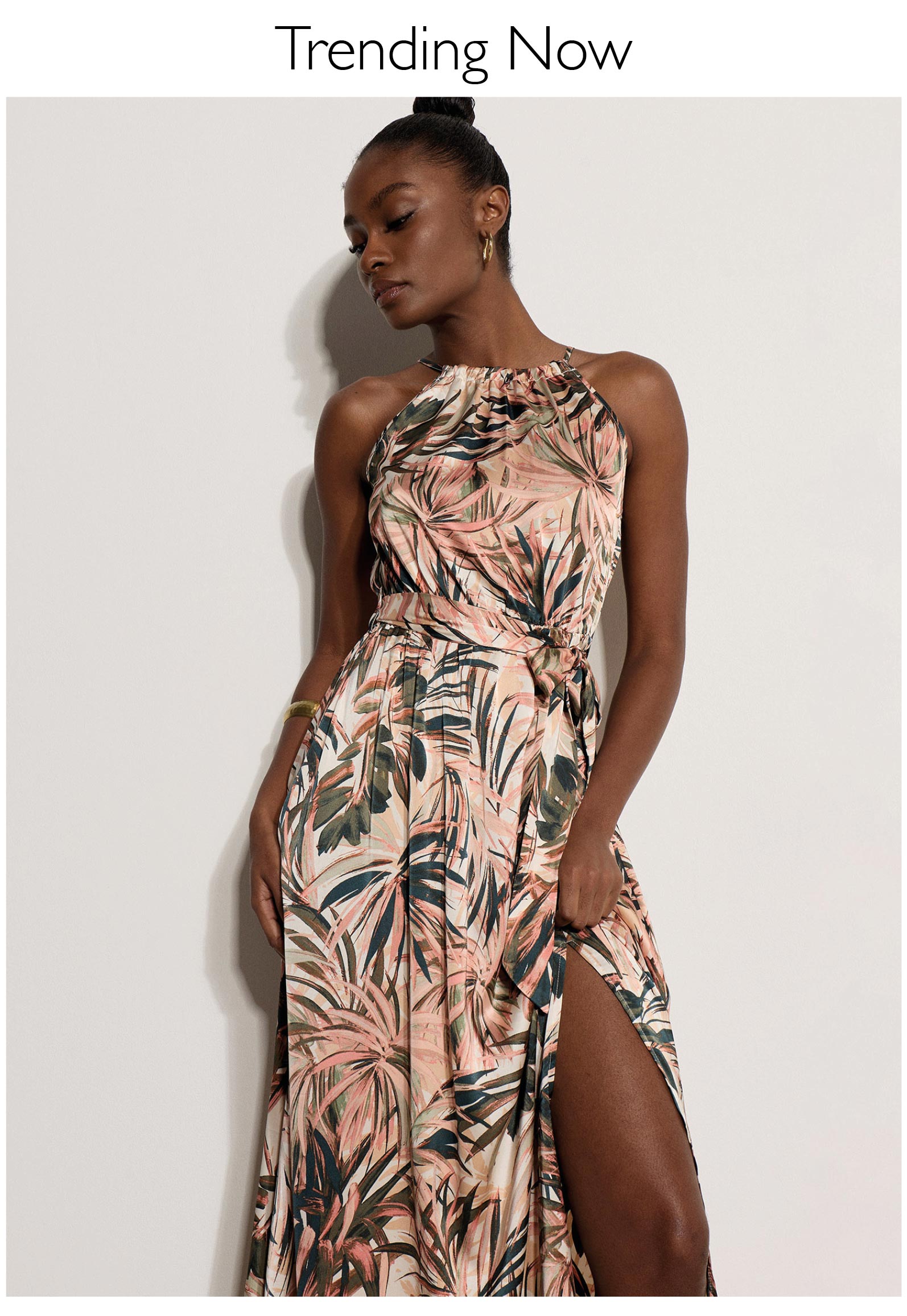 Tropical Leaf Satin Maxi Dress